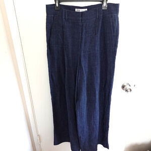 NWOT Zara 100% Linen Blue Wide Leg Pants Trousers Size L Lagenlook Casual